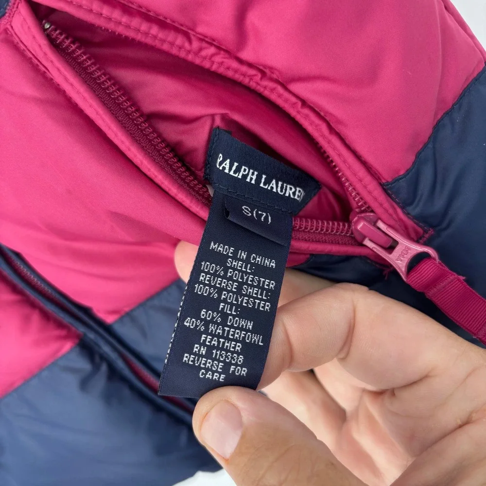 Polo Ralph Lauren Reversible Down Puffer Vest Girls Size 7 Pink Navy Blue Crest